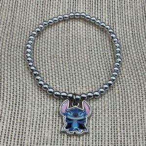 Disney Stitch Stretch Bracelet Charm Lilo And Smiling Grin Silver Bead Blue Pink